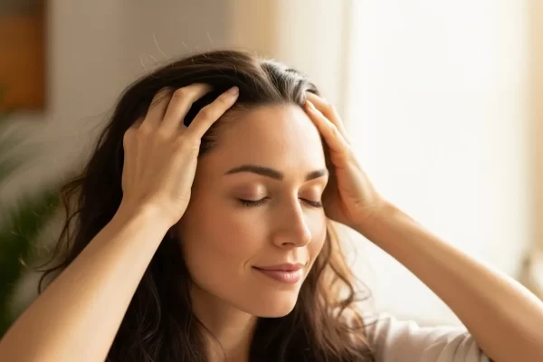 mulher massageando o couro cabeludo para estimular crescimento capilar
