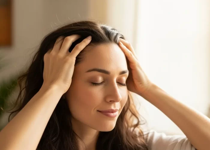mulher massageando o couro cabeludo para estimular crescimento capilar