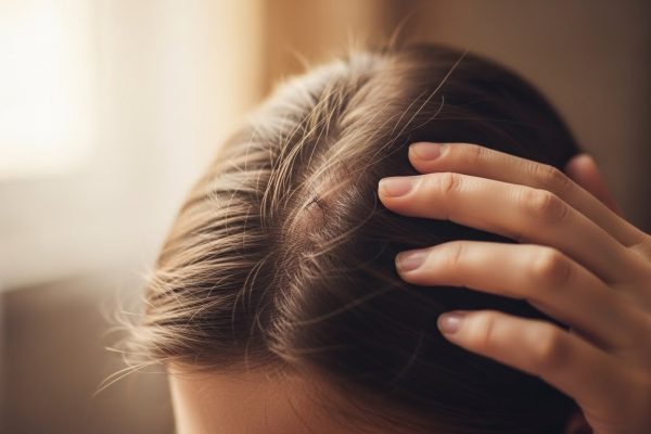 Mulher preocupada sobre a queda de cabelo