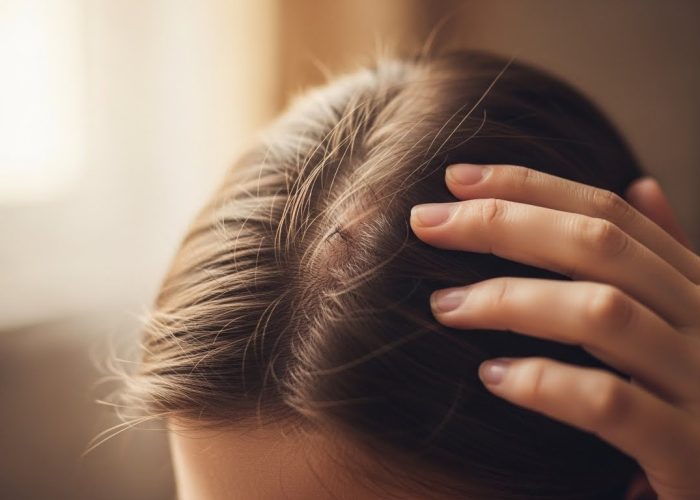 Mulher preocupada sobre a queda de cabelo